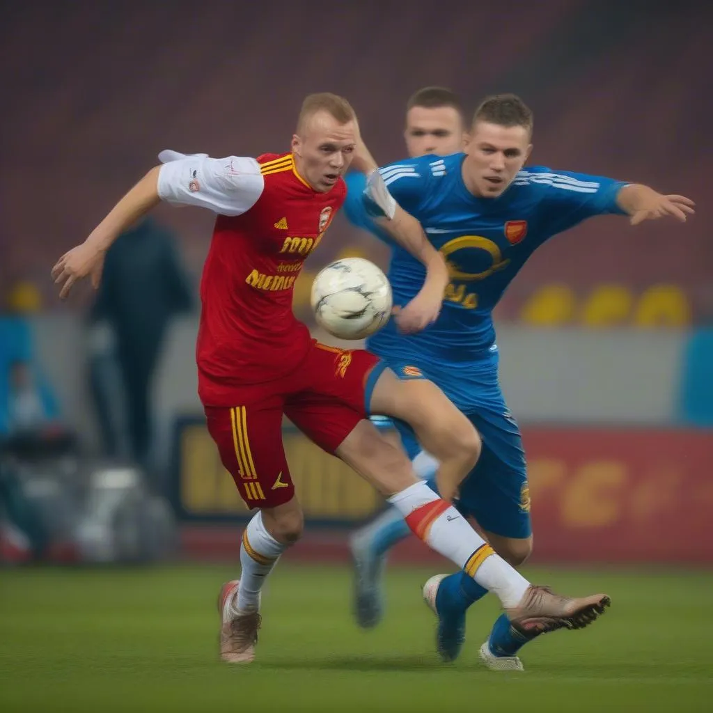 Arsenal Tula and Dinamo Moscow players battling for the ball during a tense match