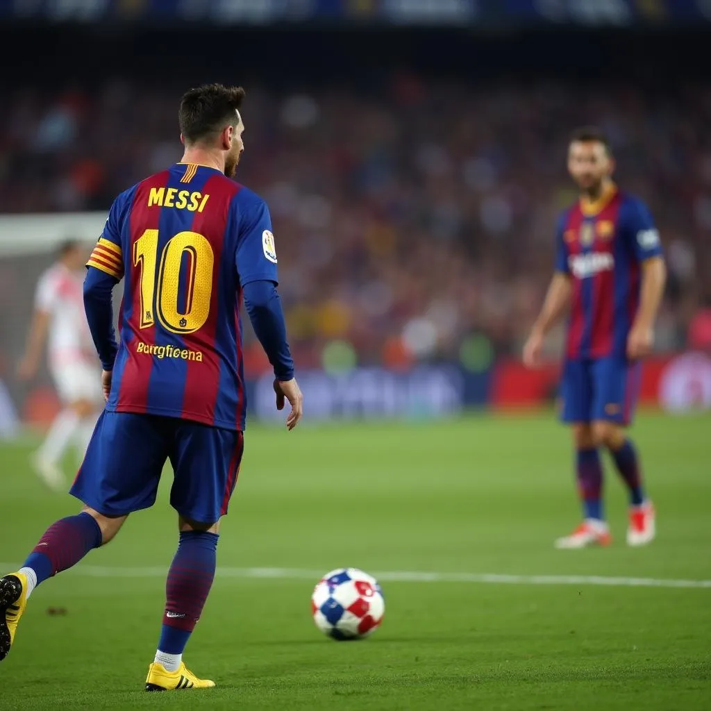 Messi thực hiện quả phạt đền trong trận đấu Barca vs Lyon