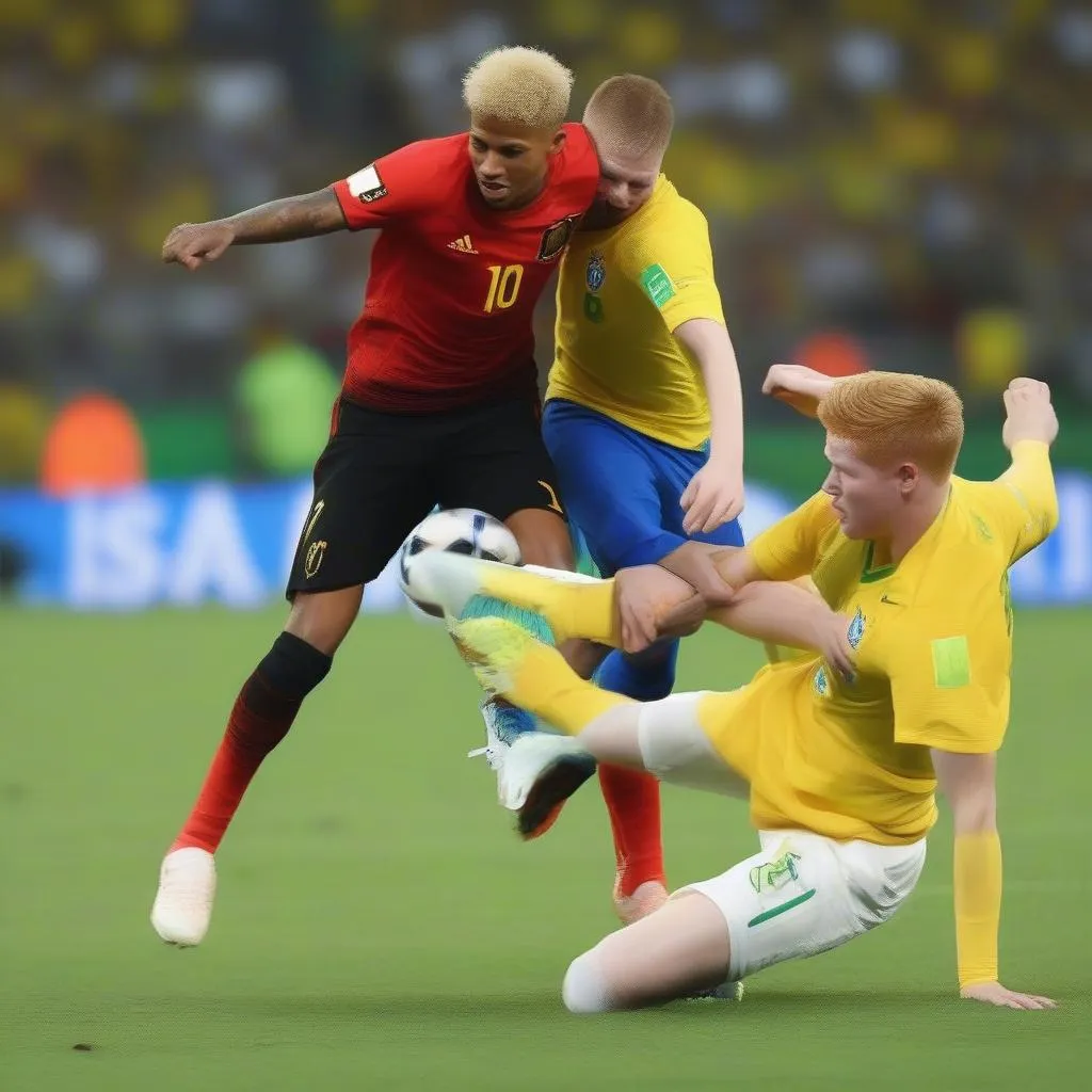 Neymar và De Bruyne tranh bóng ở trận Bỉ vs Brazil