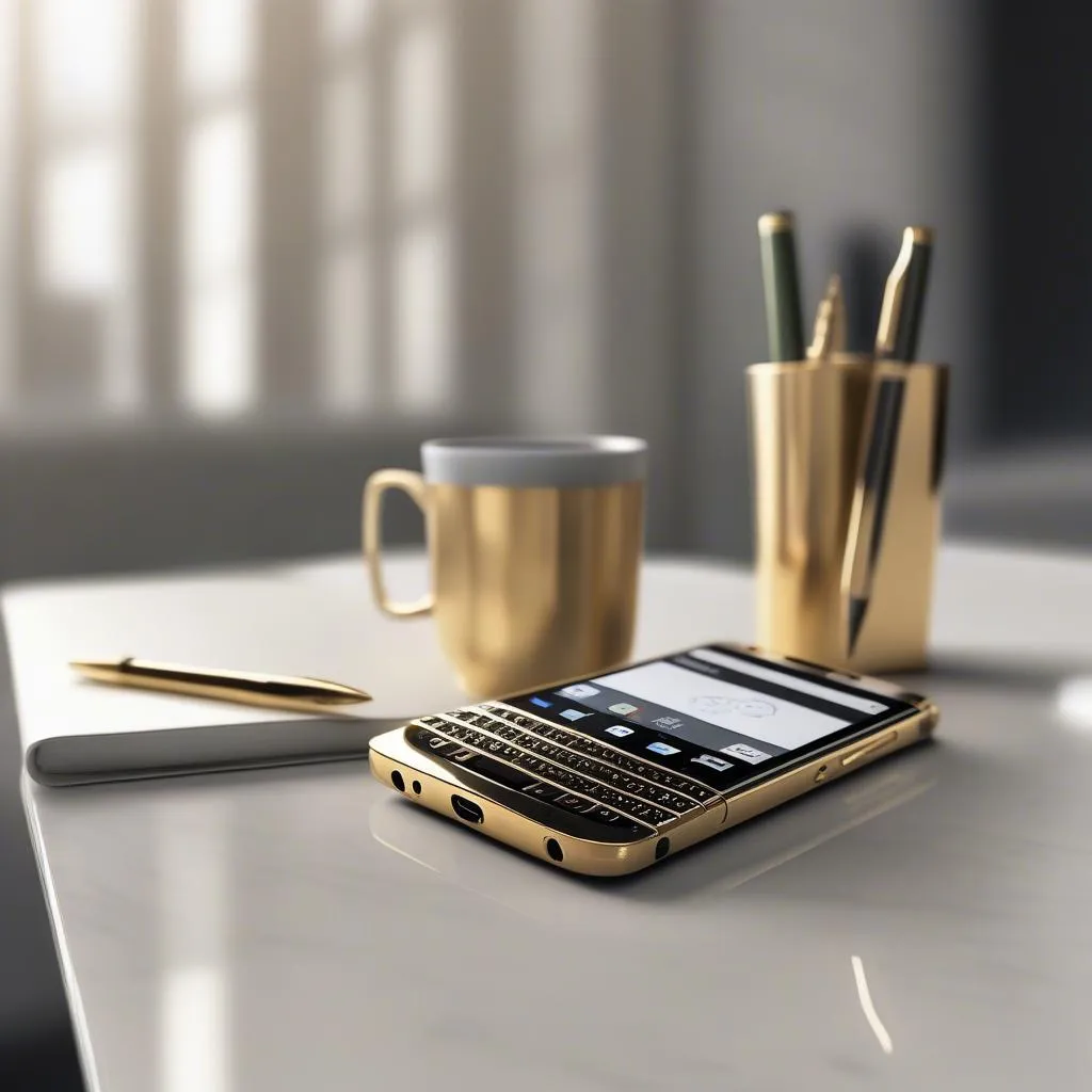 BlackBerry KeyOne vàng đồng trên bàn làm việc