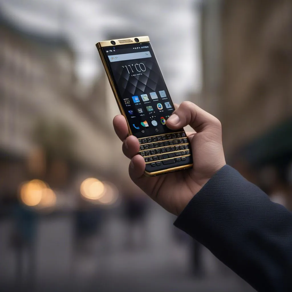 BlackBerry KeyOne vàng đồng trong tay người dùng