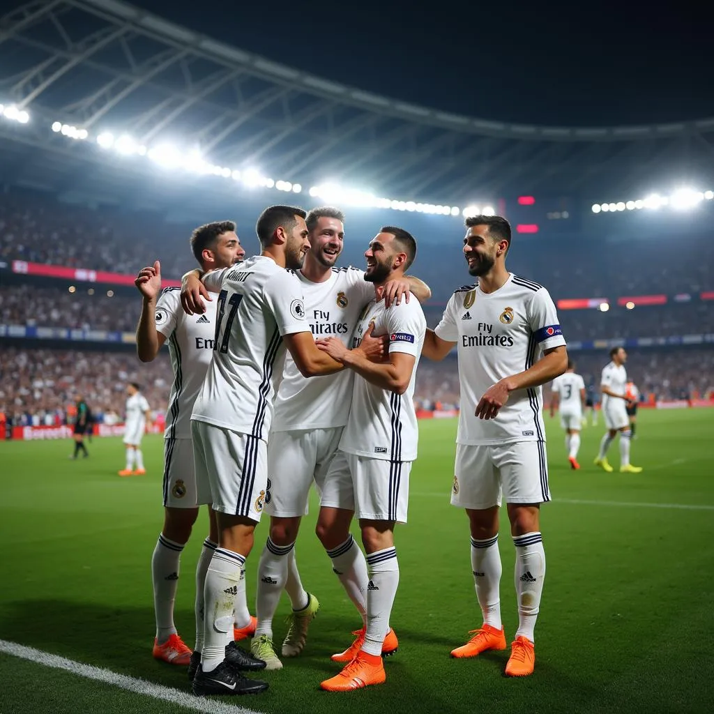 Các cầu thủ Real Madrid ăn mừng chiến thắng chung cuộc