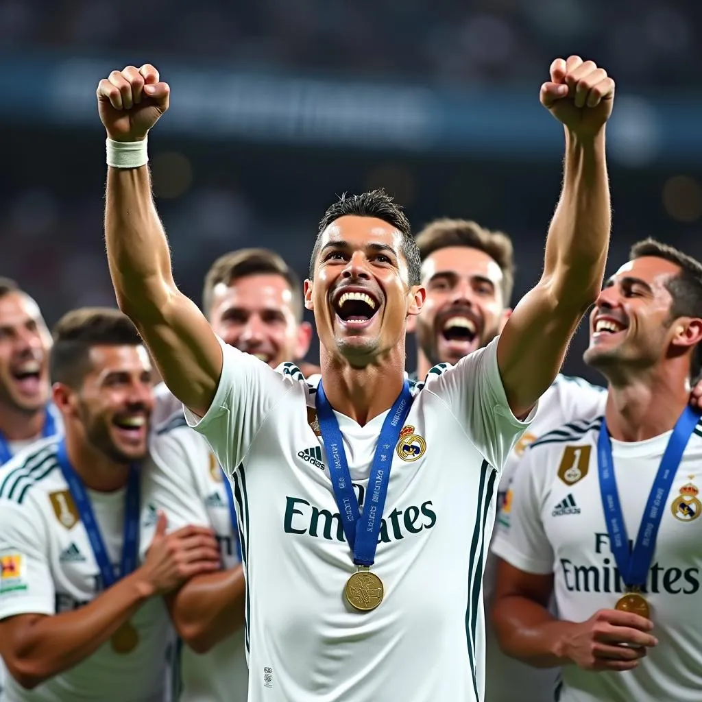 Cristiano Ronaldo ăn mừng chức vô địch Champions League cùng đồng đội