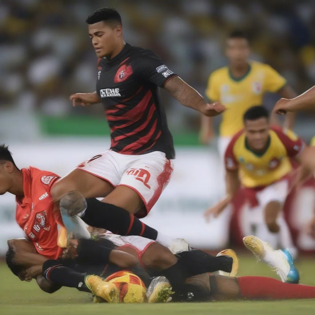 Erberth Santos tung ra pha tắc bóng quyết đoán trong trận đấu với Flamengo