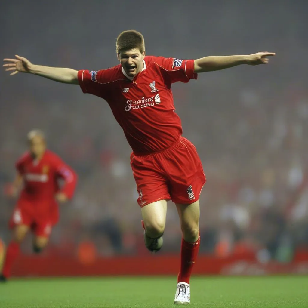 Steven Gerrard ghi bàn mở tỷ số cho Liverpool trong trận chung kết Champions League 2005.