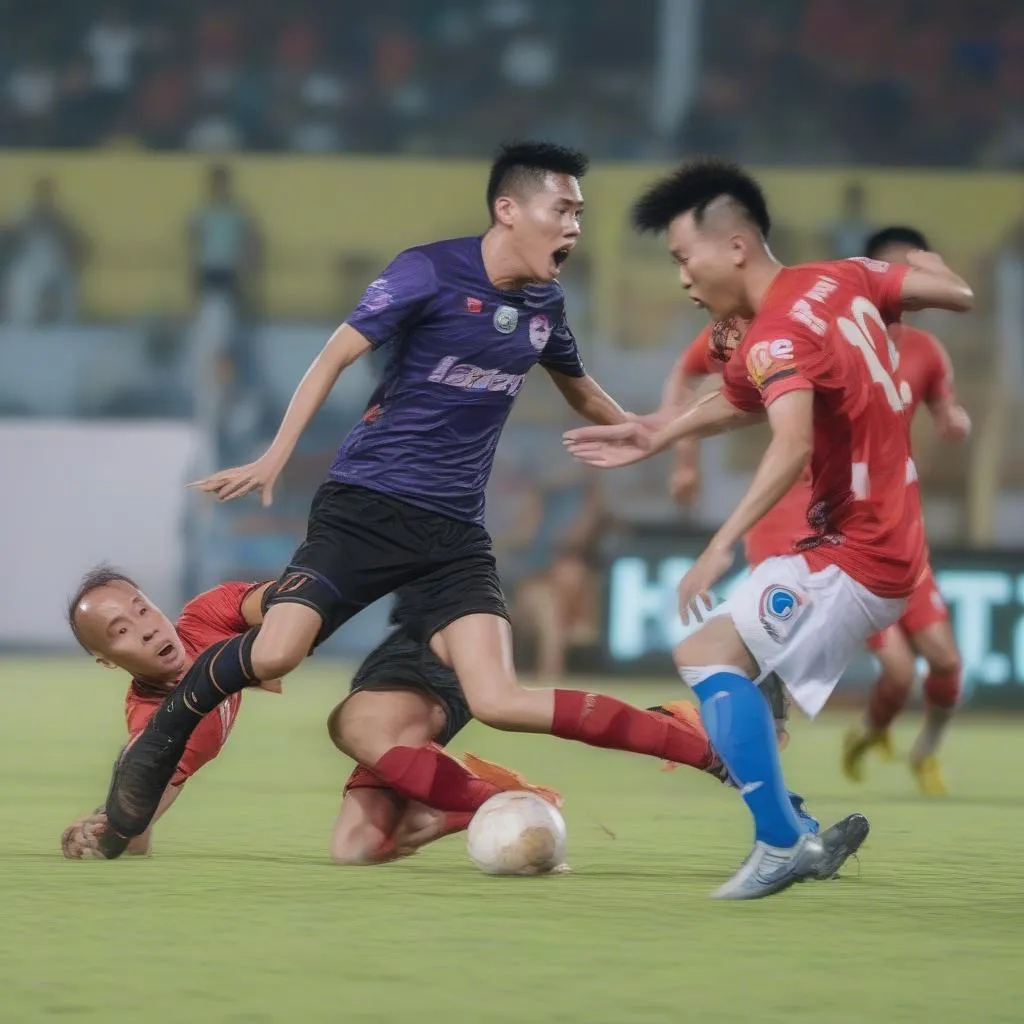 Ảnh về trận đấu giữa Hanoi FC và Bangkok United, với những pha bóng đẹp mắt và những tình huống kịch tính