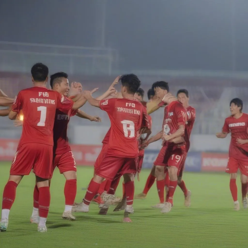 Cầu thủ Hà Nội FC ăn mừng chiến thắng