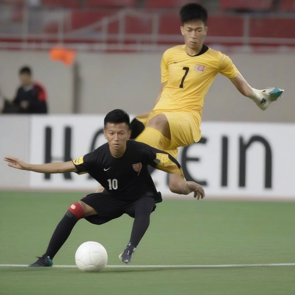 Hình ảnh Vanlam cản phá quả penalty của cầu thủ Malaysia