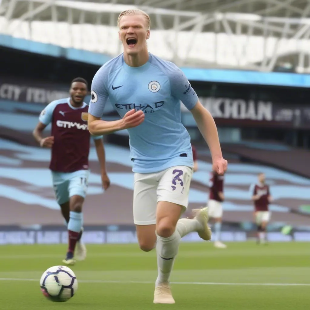 Erling Haaland ghi bàn thắng cho Man City trong trận đấu với West Ham.