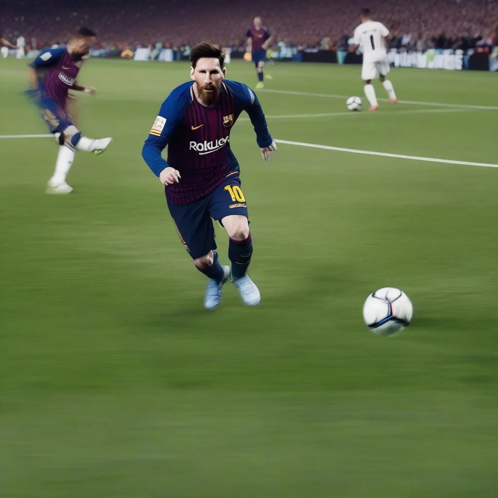 Messi dribbling past defenders