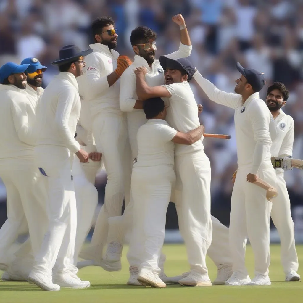 Indian team celebrating their victory in the India vs England Test match in 2018