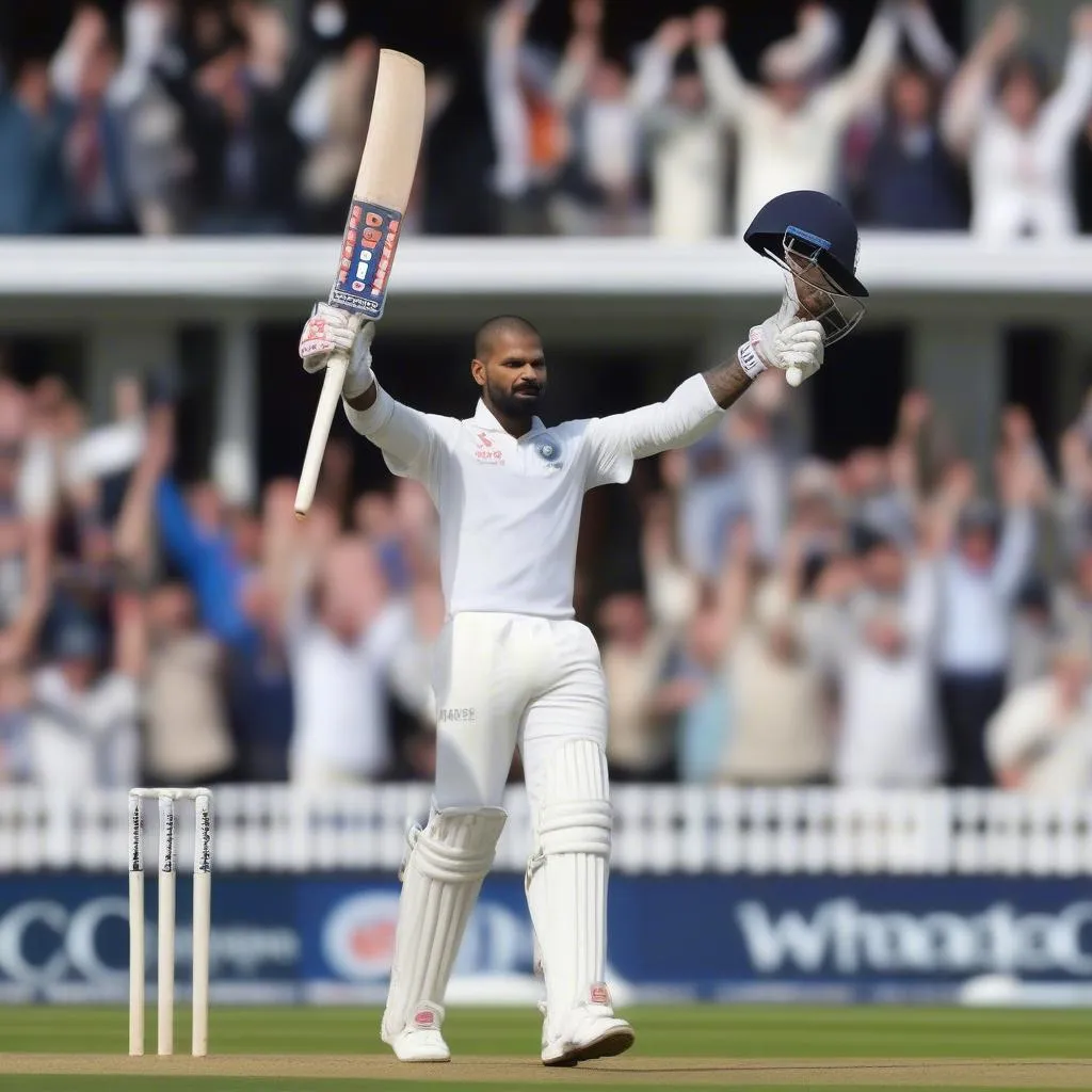 Shikhar Dhawan celebrating his century in the India vs England Test match in 2018