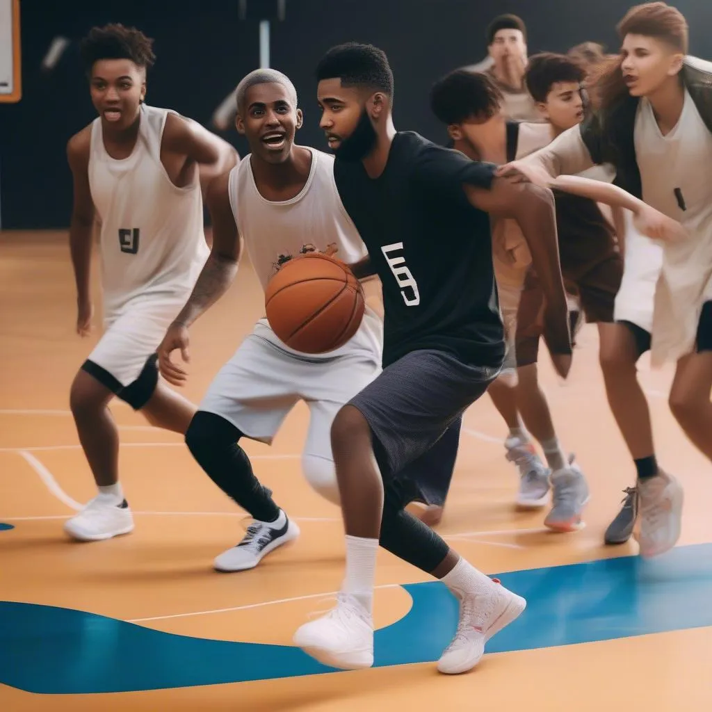 A group of young basketball players wearing Kyrie 5 shoes and practicing on a court