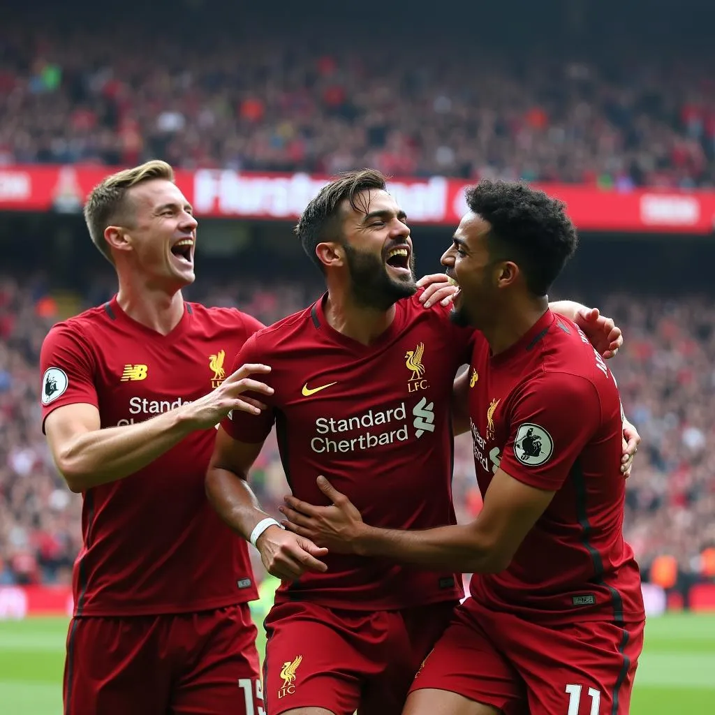 Liverpool players celebrate their fourth goal against Barcelona at Anfield