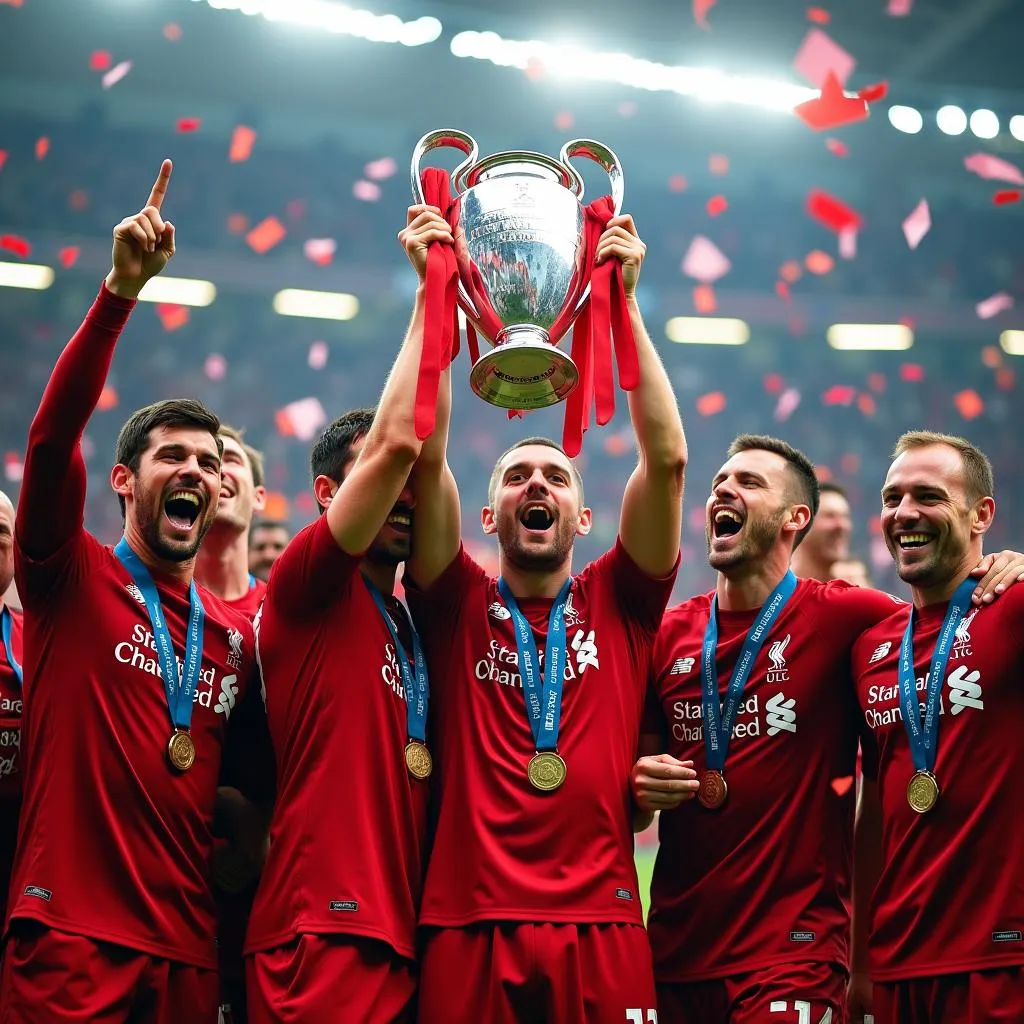 Liverpool players lift the Champions League trophy after defeating Tottenham