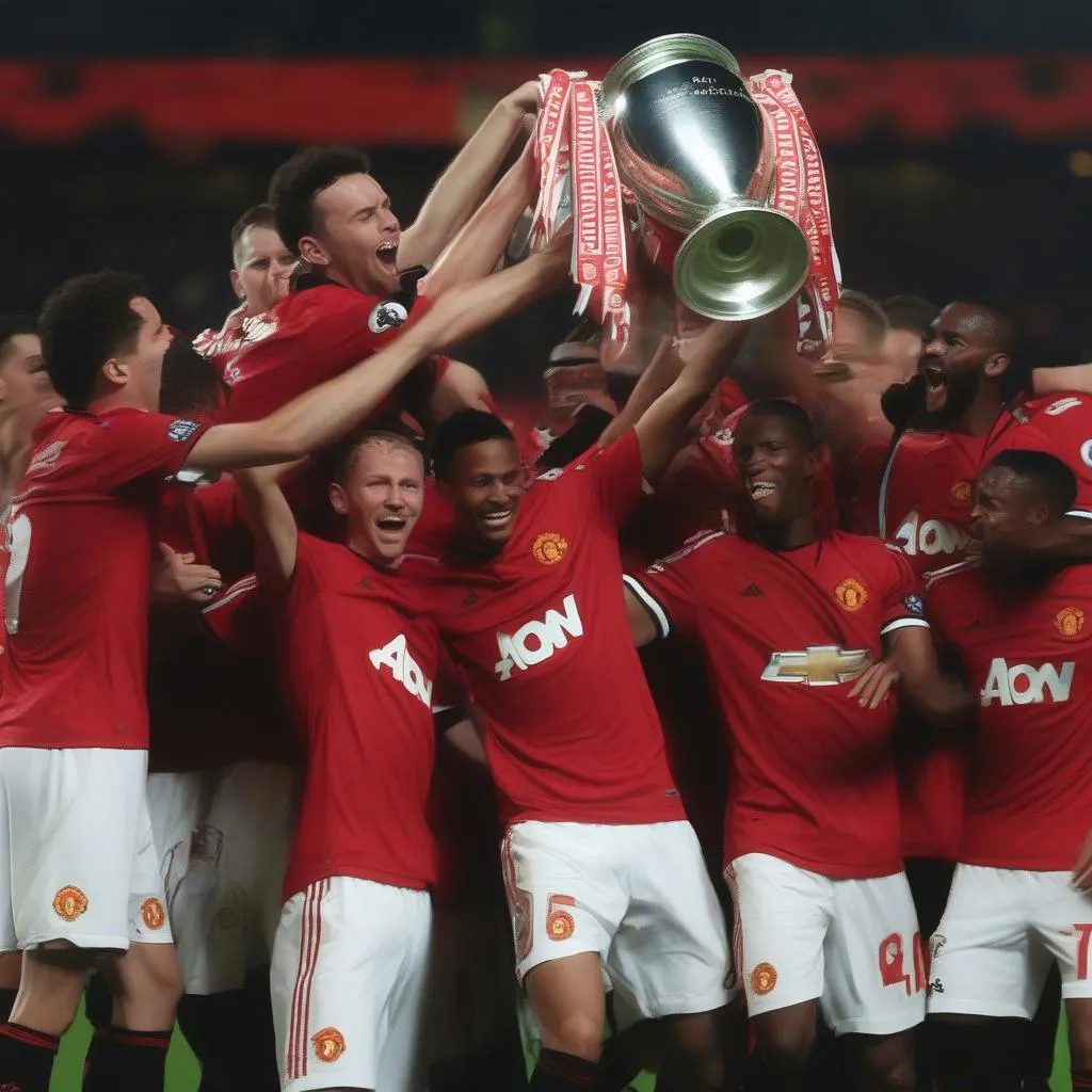 Manchester United celebrating their first Champions League title