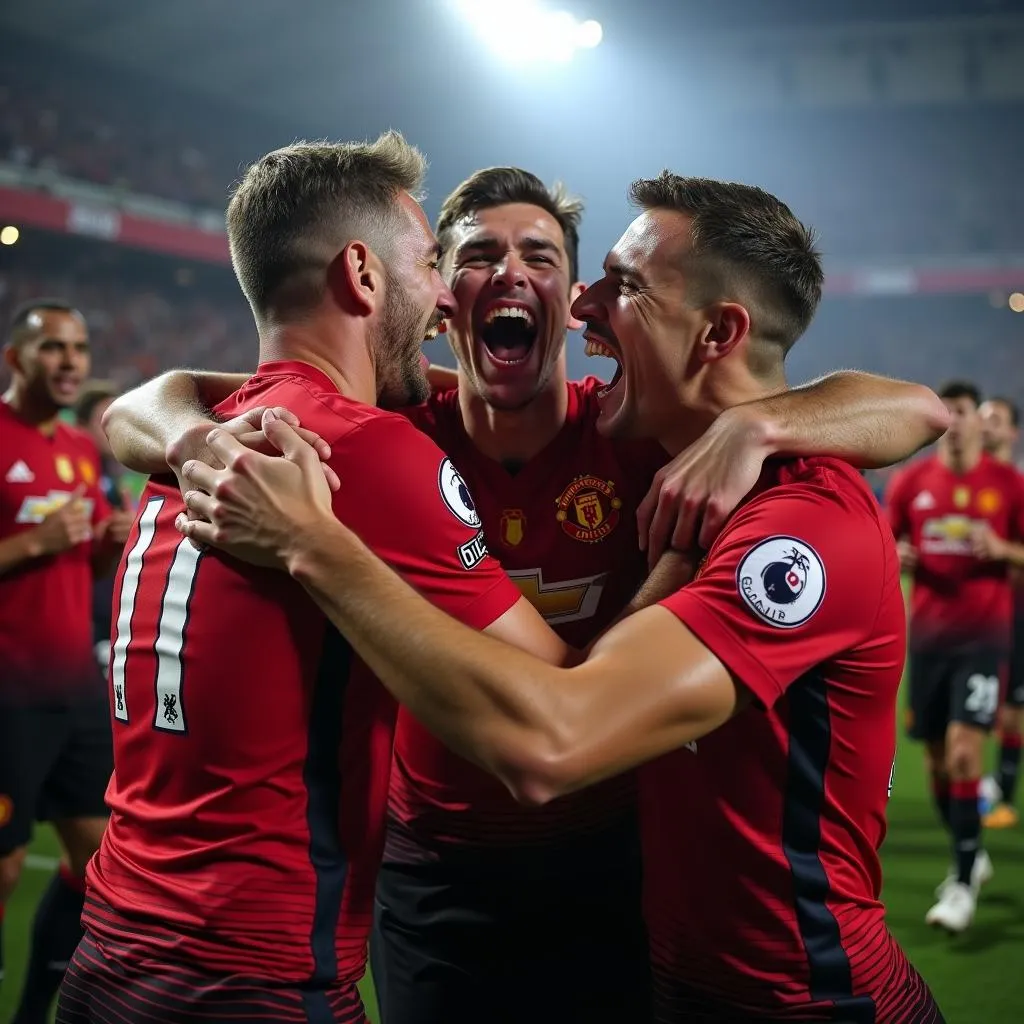 Manchester United players celebrate after scoring the winning goal against PSG