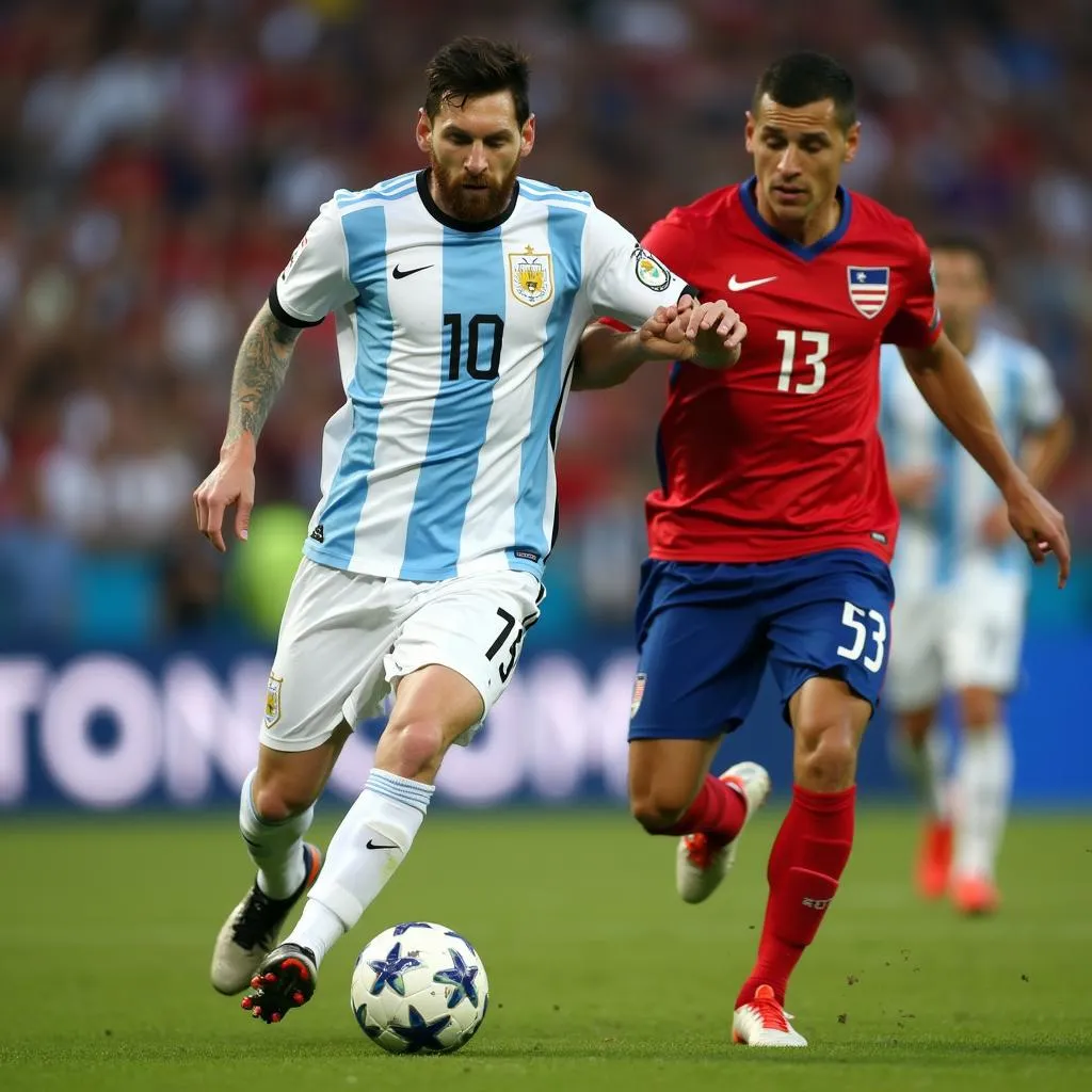 Lionel Messi tranh chấp bóng với cầu thủ Chile