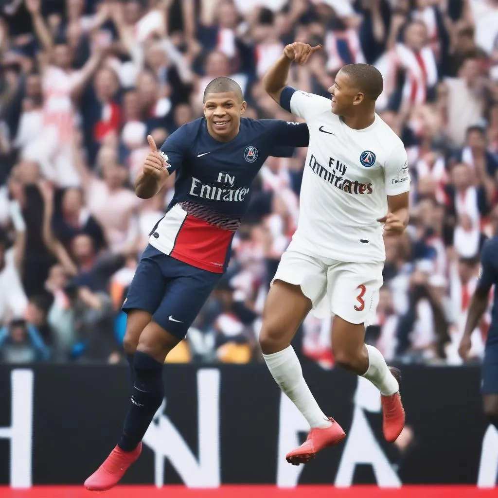 Mbappe ghi bàn cho PSG trong trận đấu với Real Madrid