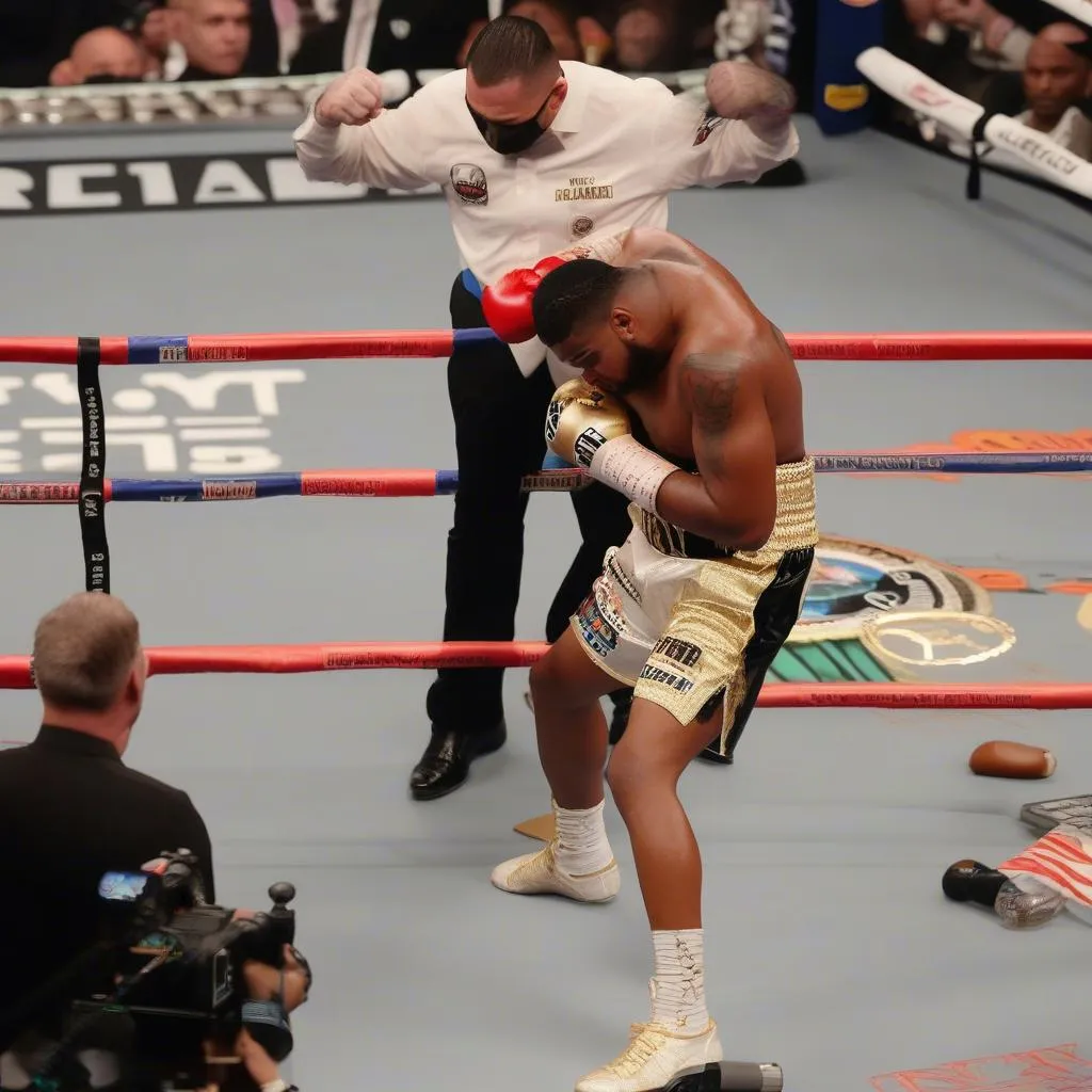 Andy Ruiz Jr. và Anthony Joshua trong trận đấu đầu tiên tại Madison Square Garden, New York