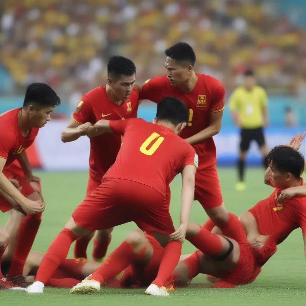 Hình ảnh hàng thủ Việt Nam thi đấu tập trung, chắc chắn trong trận tứ kết Asiad 2018