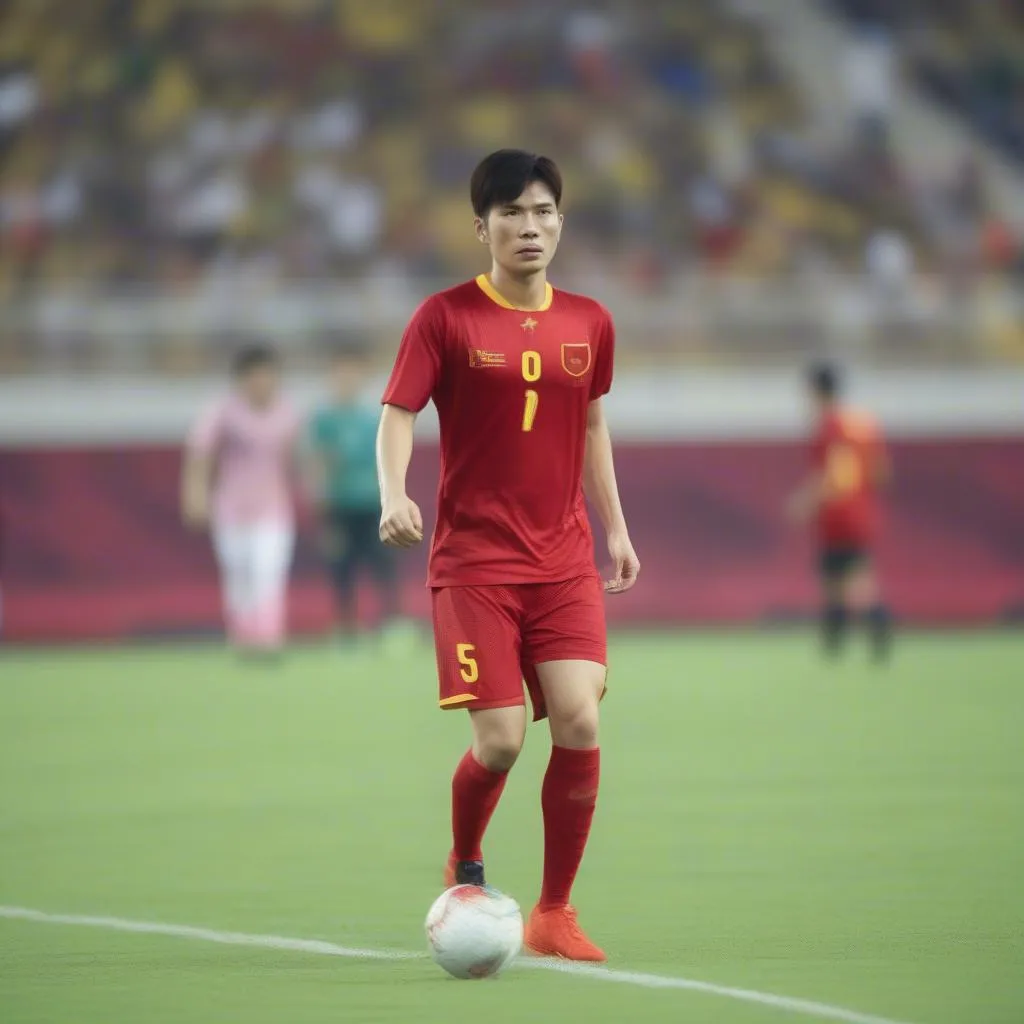 Hình ảnh các cầu thủ Việt Nam với áo đỏ rực rỡ trên sân đấu Asian Cup 2019