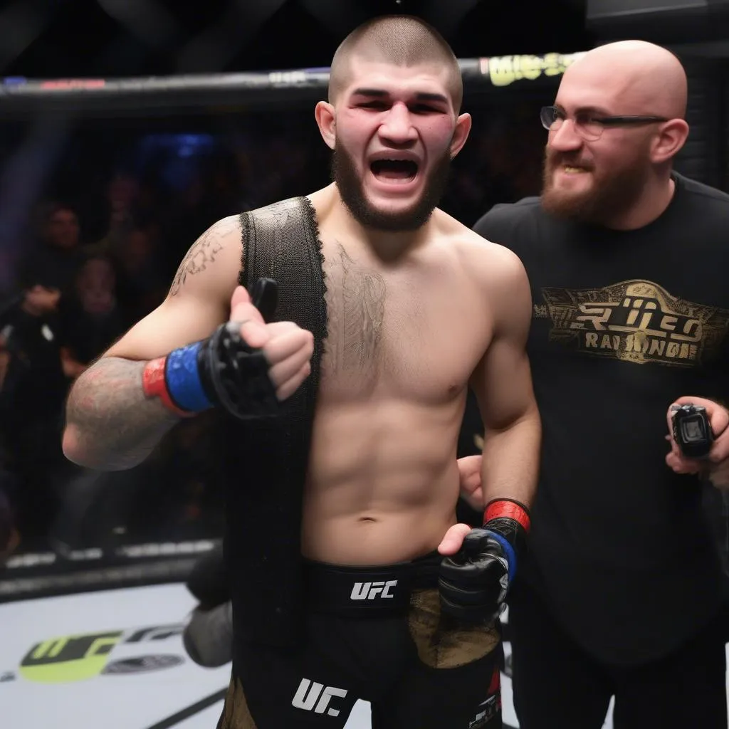 Khabib Nurmagomedov ăn mừng chiến thắng trước Dustin Poirier tại UFC 230