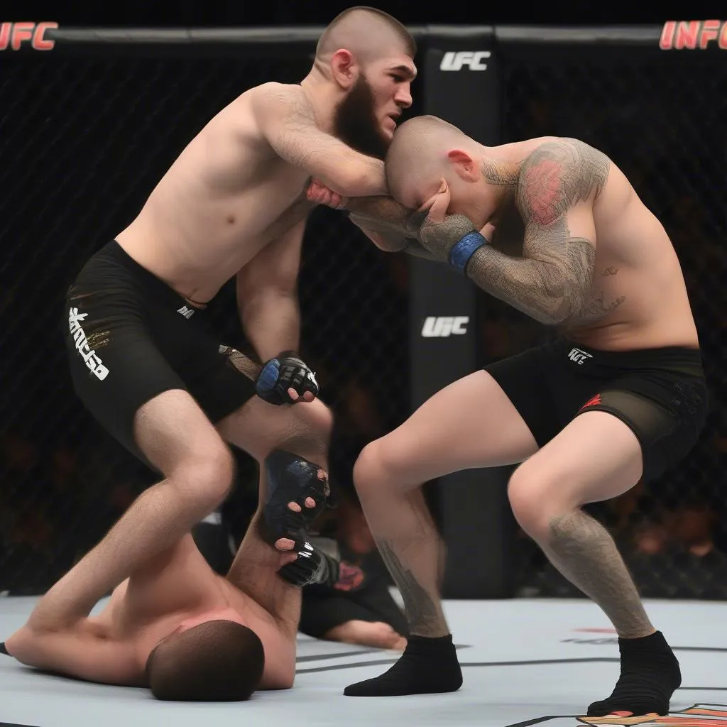 Khabib Nurmagomedov áp đảo Dustin Poirier trong trận đấu UFC 230