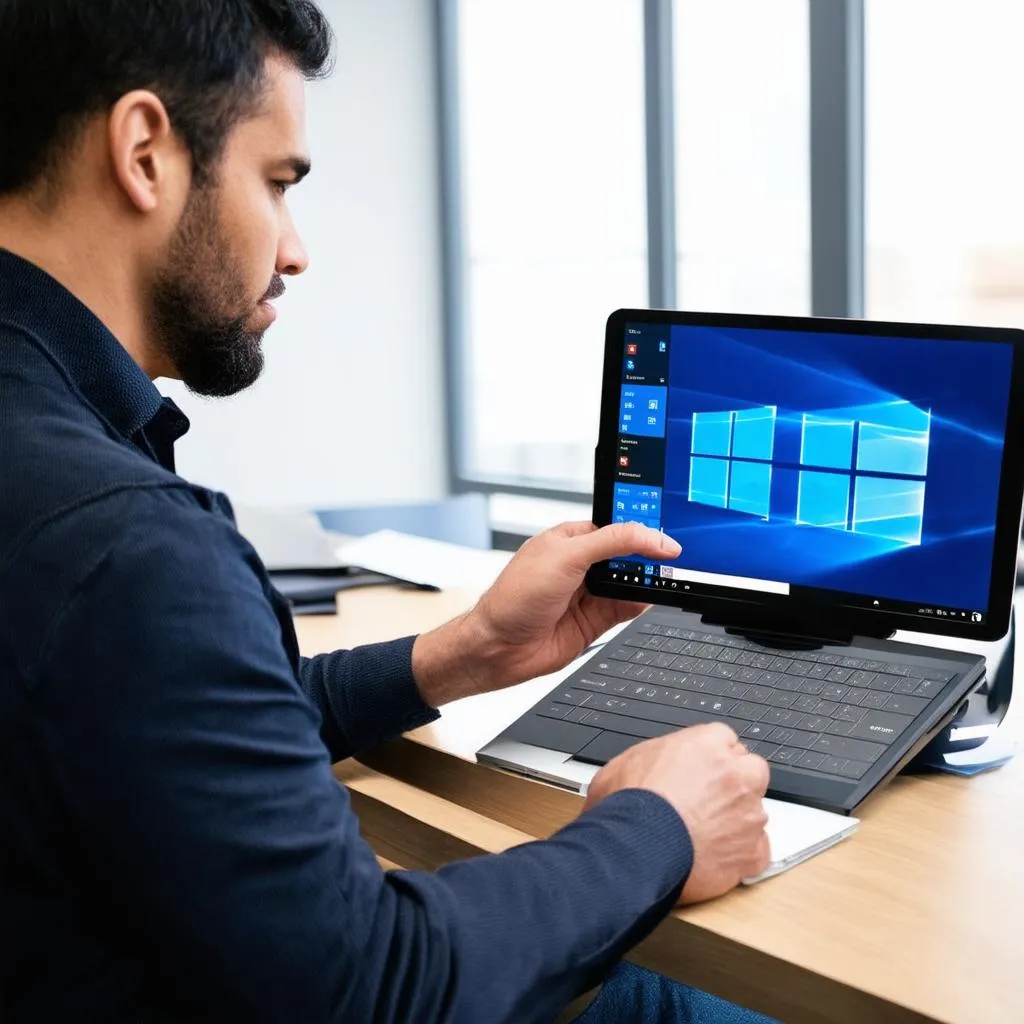 Windows 10 Tablet - Người đàn ông đang sử dụng Windows 10 Tablet để làm việc văn phòng