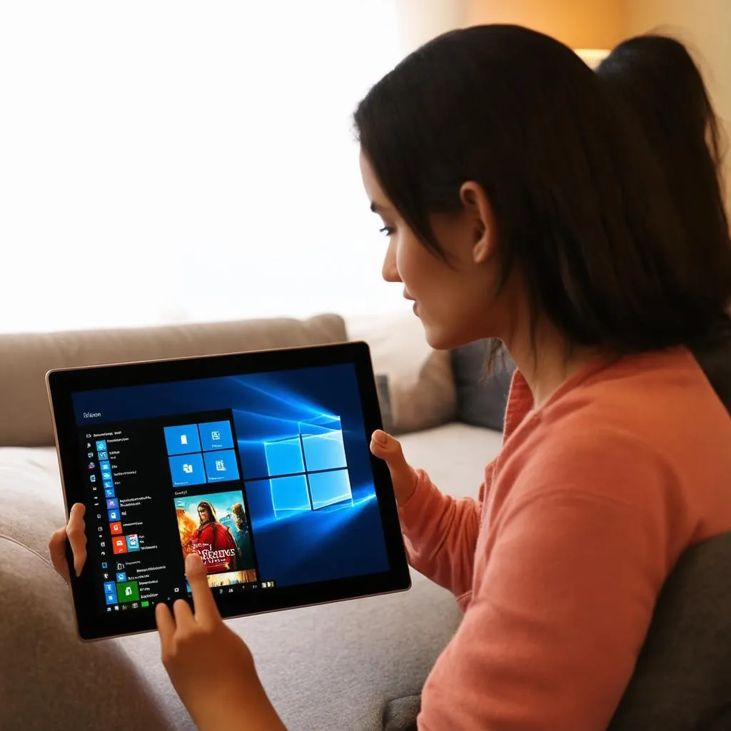 Windows 10 Tablet - Người phụ nữ đang sử dụng Windows 10 Tablet để xem phim