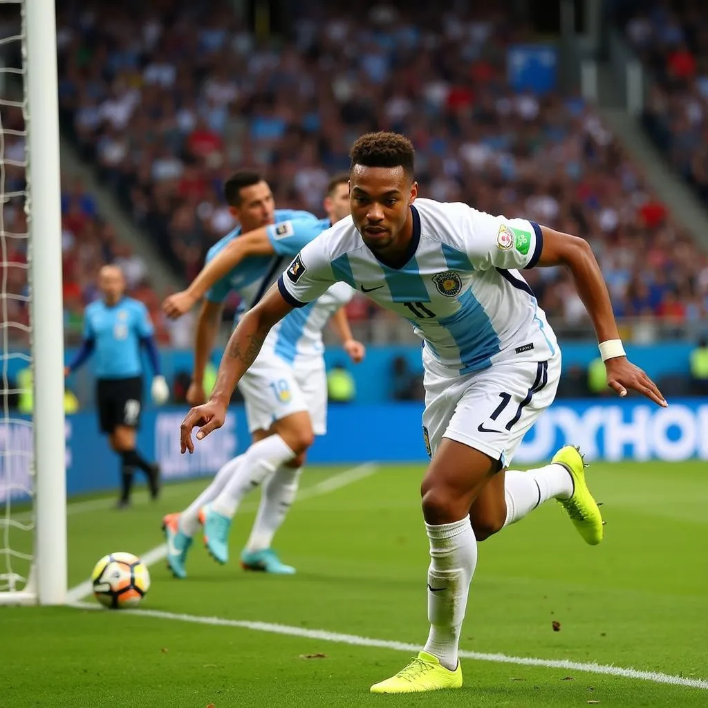 Kylian Mbappé scoring a goal against Argentina in the 2018 World Cup