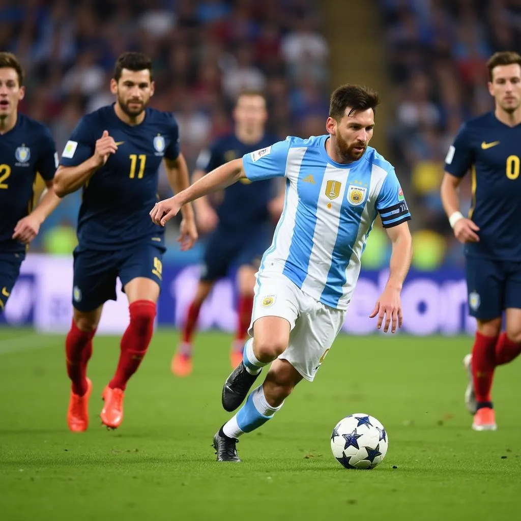 Lionel Messi dribbling past French defenders during the 2018 World Cup match