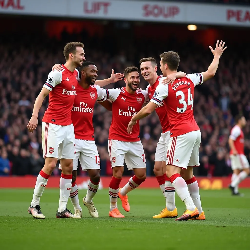 Arsenal players celebrate a goal against Standard Liège