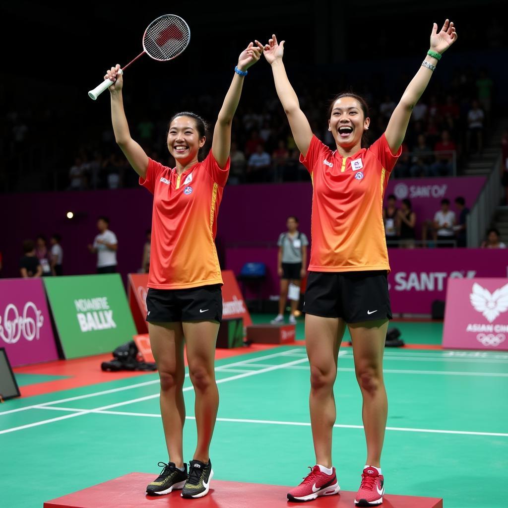 Niềm vui chiến thắng của đội tuyển cầu lông nữ đôi tại Asian Games 2018