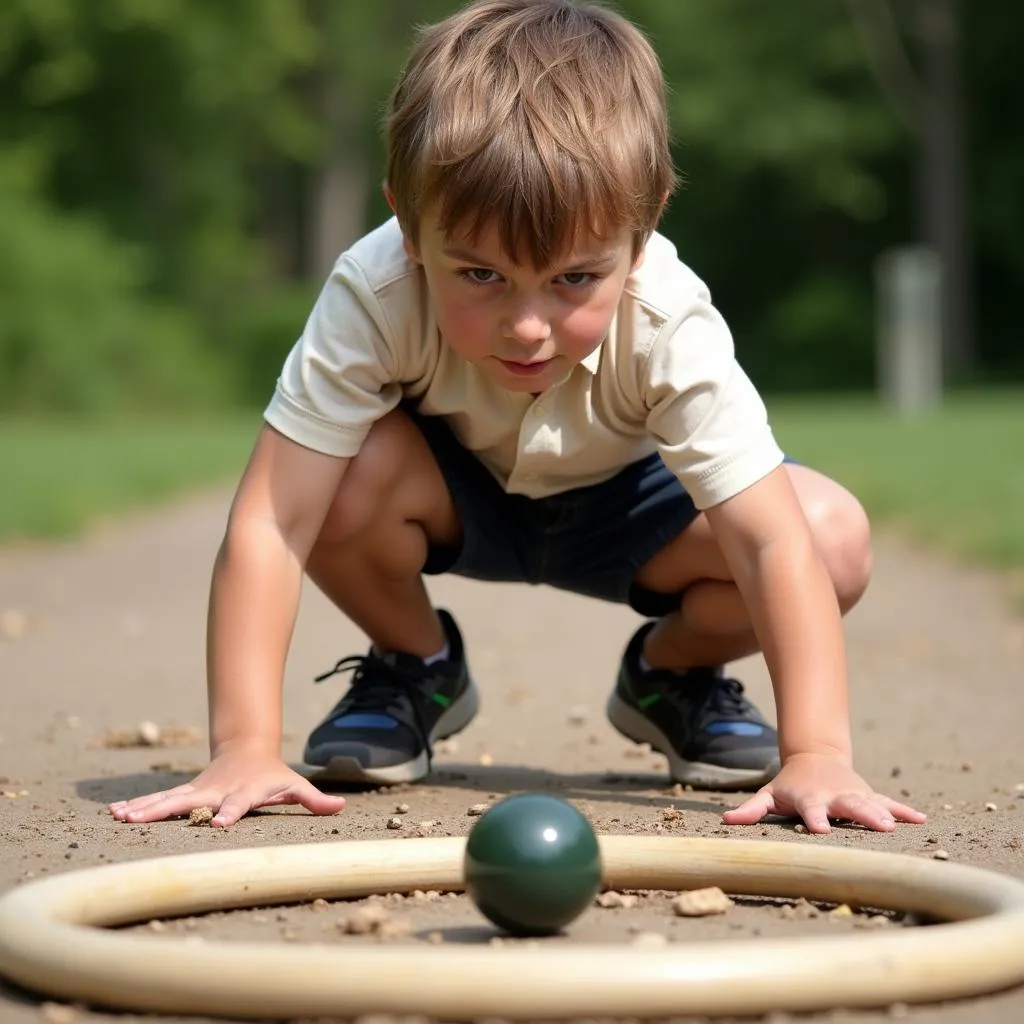 A boy is practicing marbles