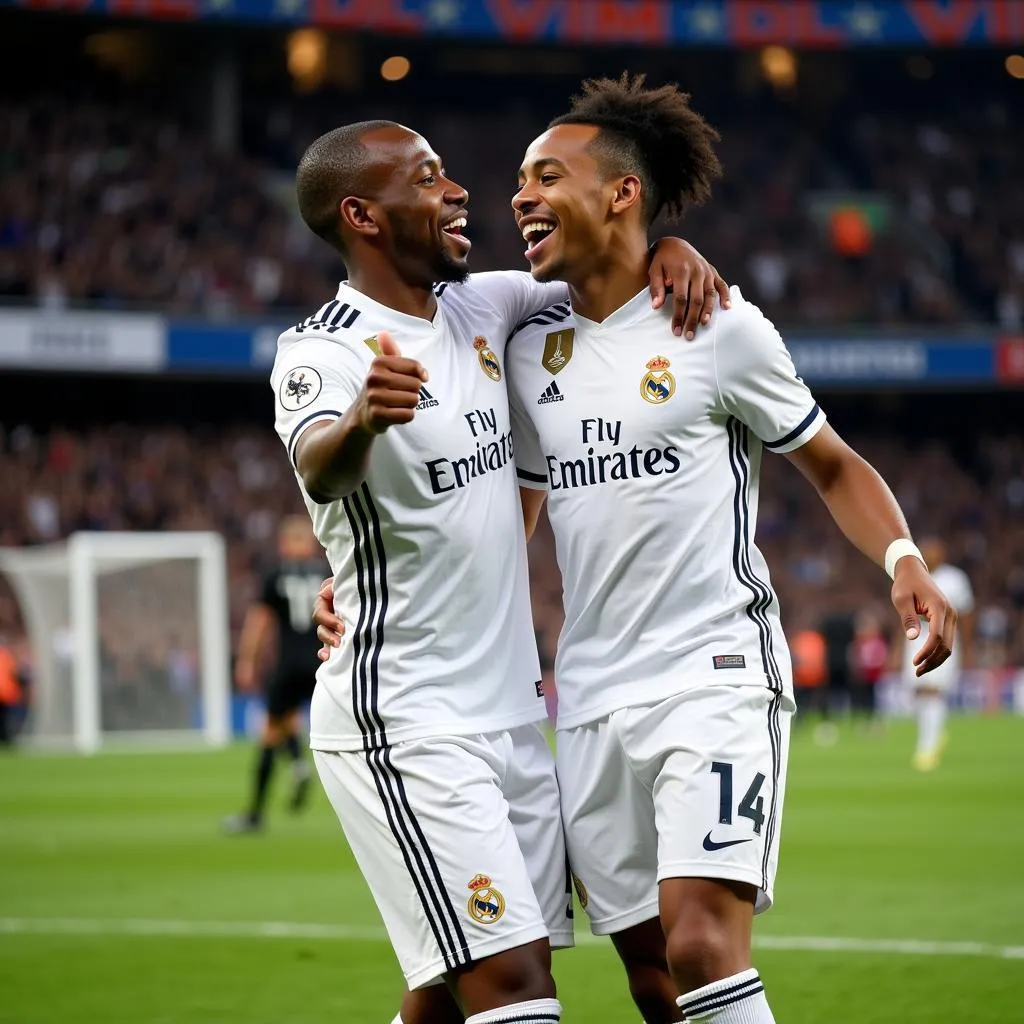 Benzema và Vinicius ăn mừng bàn thắng