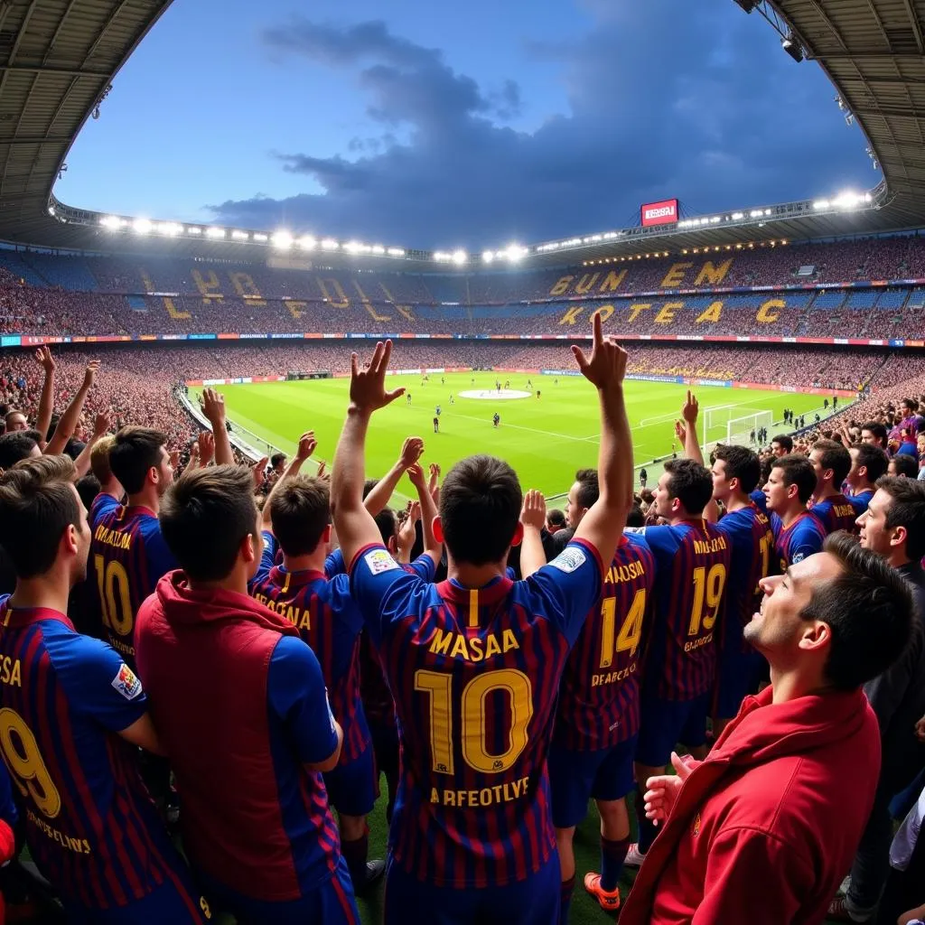 Các cầu thủ Barca ăn mừng chiến thắng cùng người hâm mộ