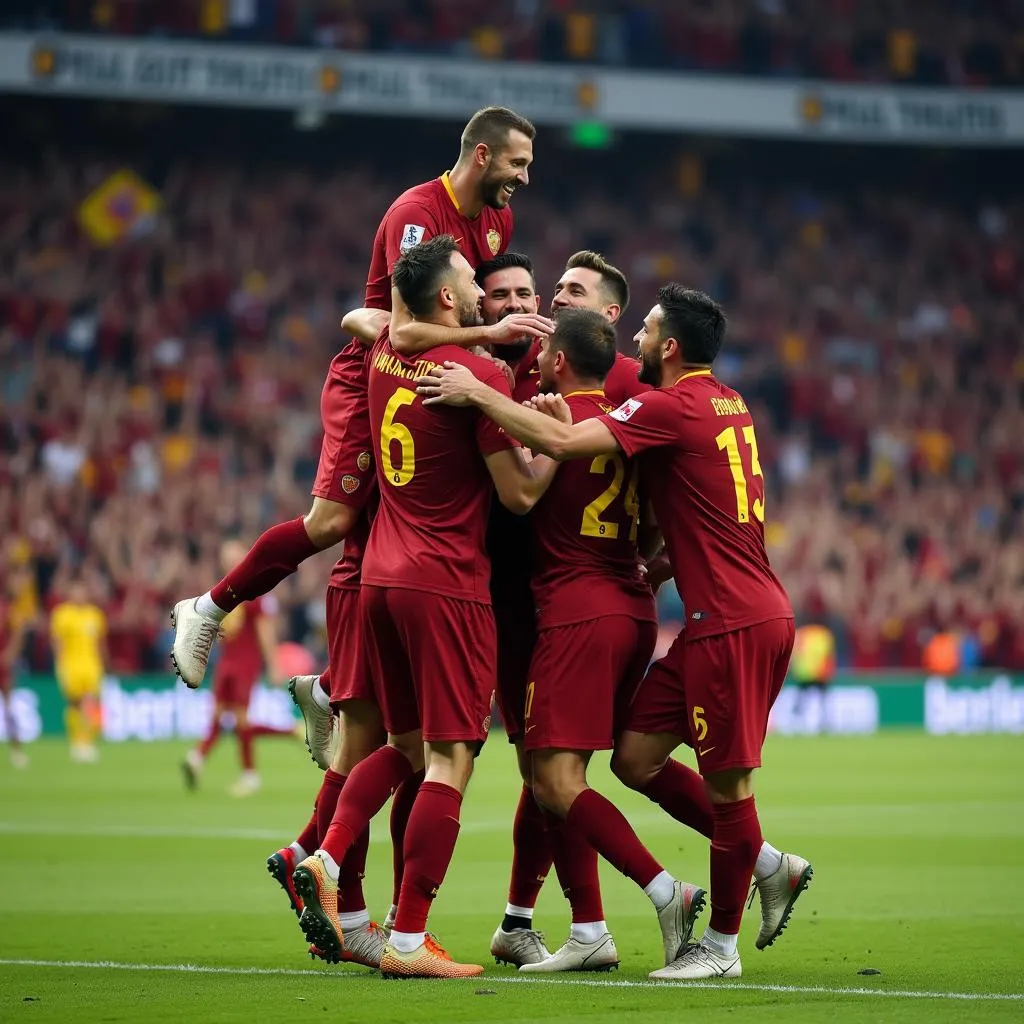 Cầu thủ AS Roma ăn mừng bàn thắng