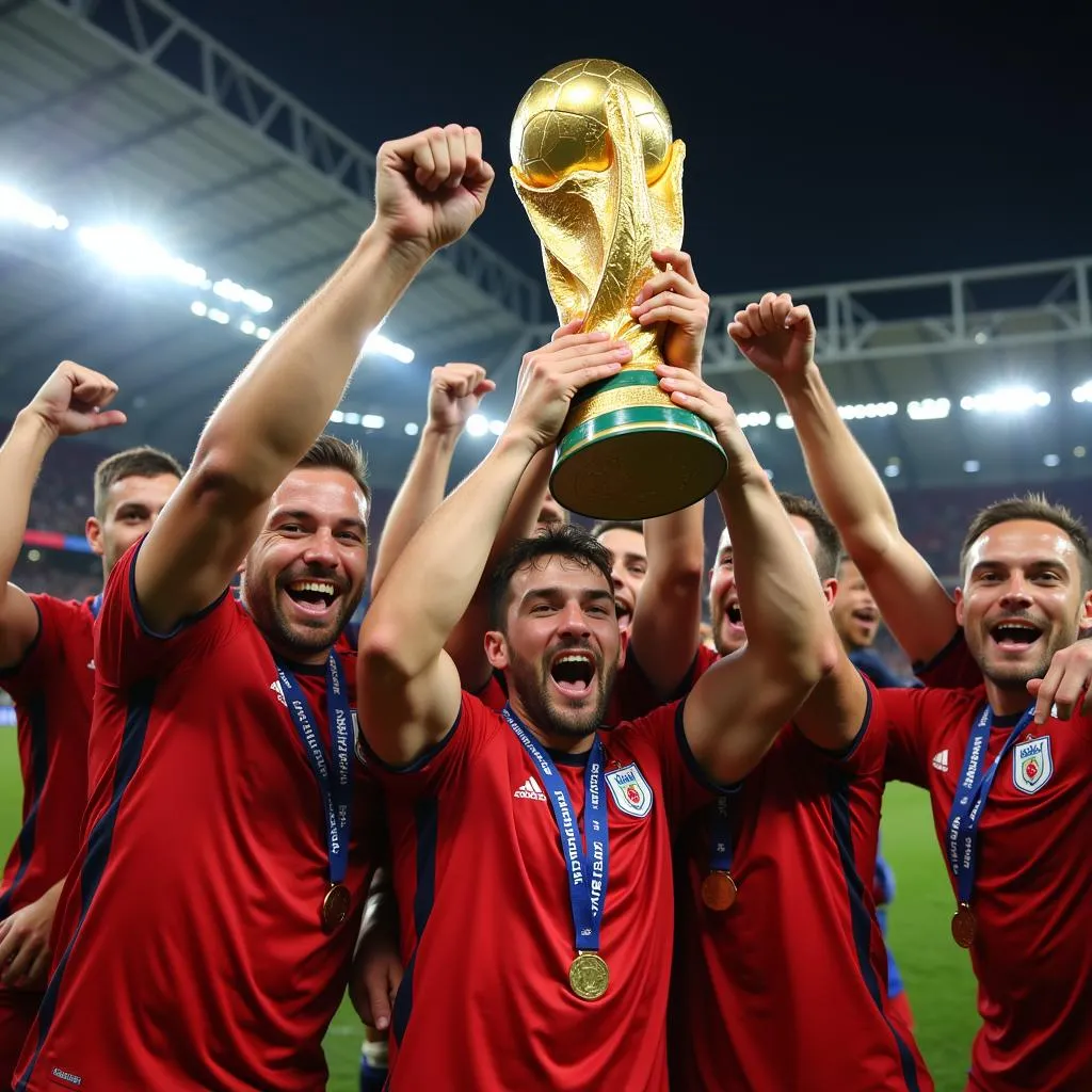 Cầu thủ bóng đá vui mừng khi giành chiến thắng cúp vàng World Cup