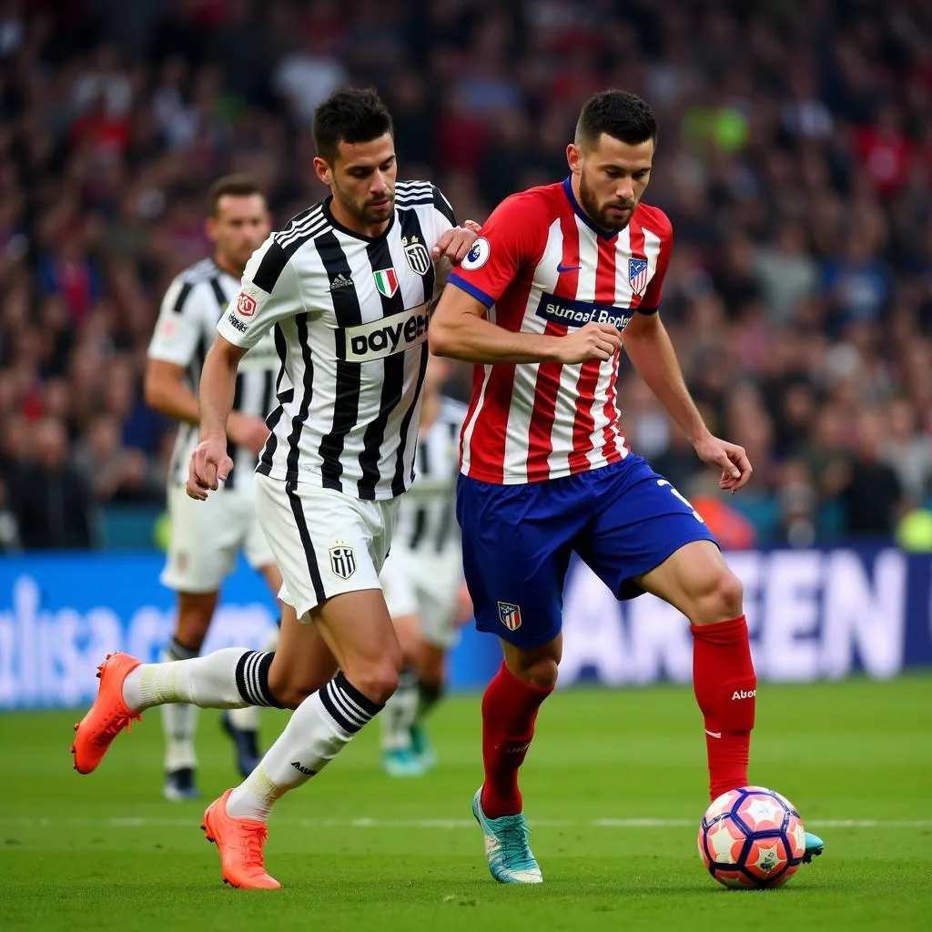 Cầu thủ Juventus và Atletico Madrid tranh chấp