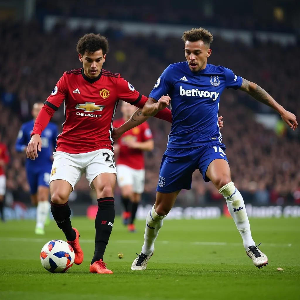 Manchester United and Everton players competing fiercely