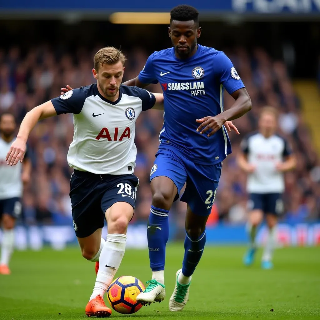 A Chelsea player skillfully dribbles past a New England defender