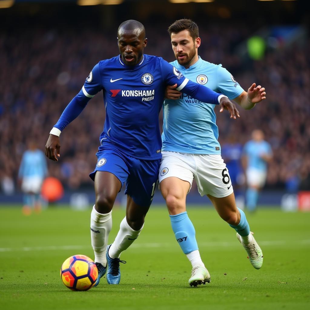 N'Golo Kanté thực hiện một pha tắc bóng quyết liệt trong trận đấu giữa Chelsea và Man City năm 2018.