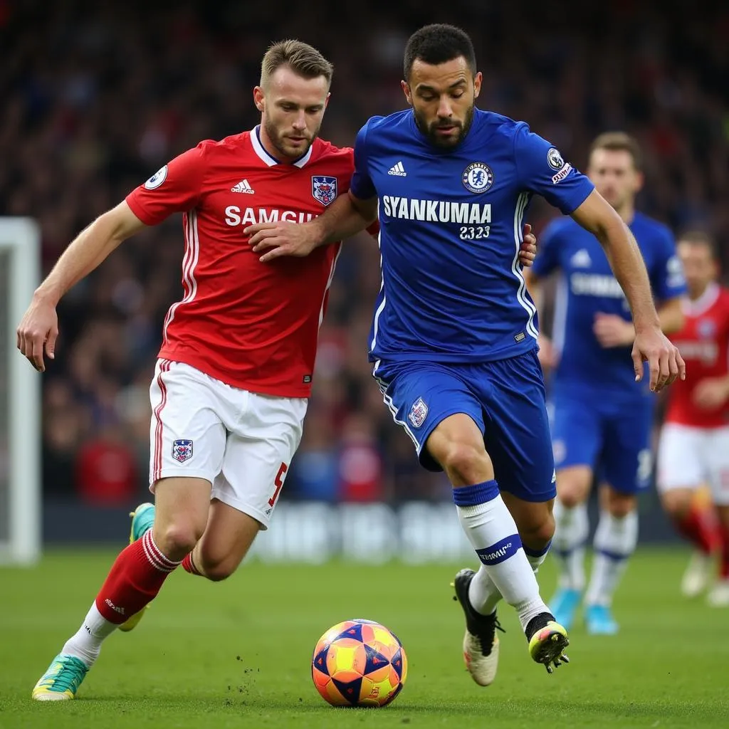 Chelsea and New England Revolution players engaged in an intense midfield battle