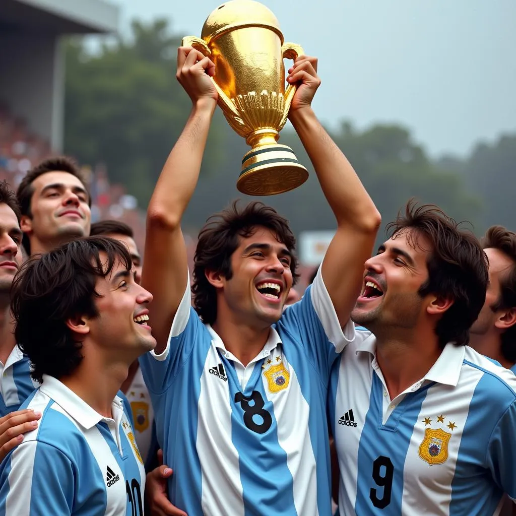 Diego Maradona Holding World Cup Trophy