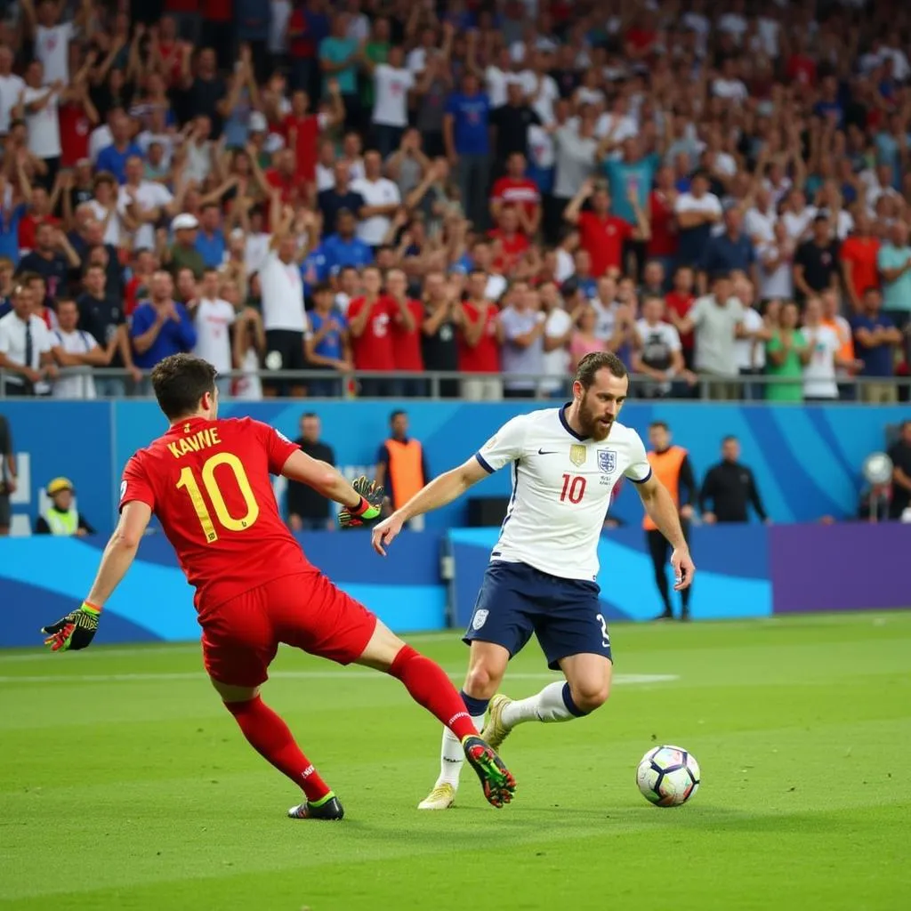 Harry Kane converts a penalty to give England the lead in the 12th minute against Russia.