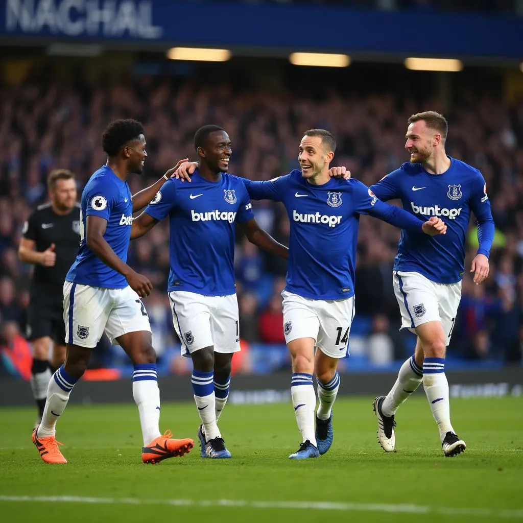 Everton players celebrating a goal against Chelsea