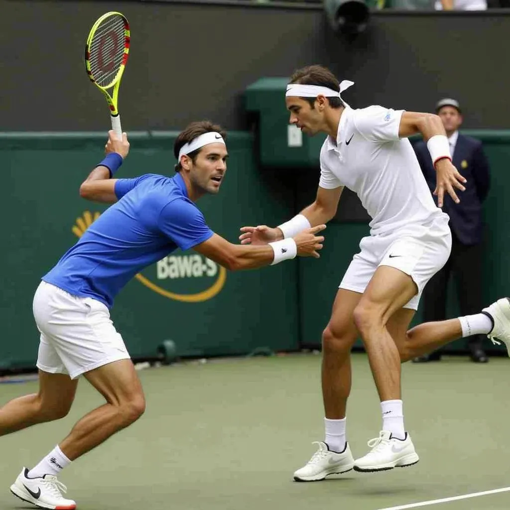 Federer và Nadal trong một pha đôi công nảy lửa tại Indian Wells 2013