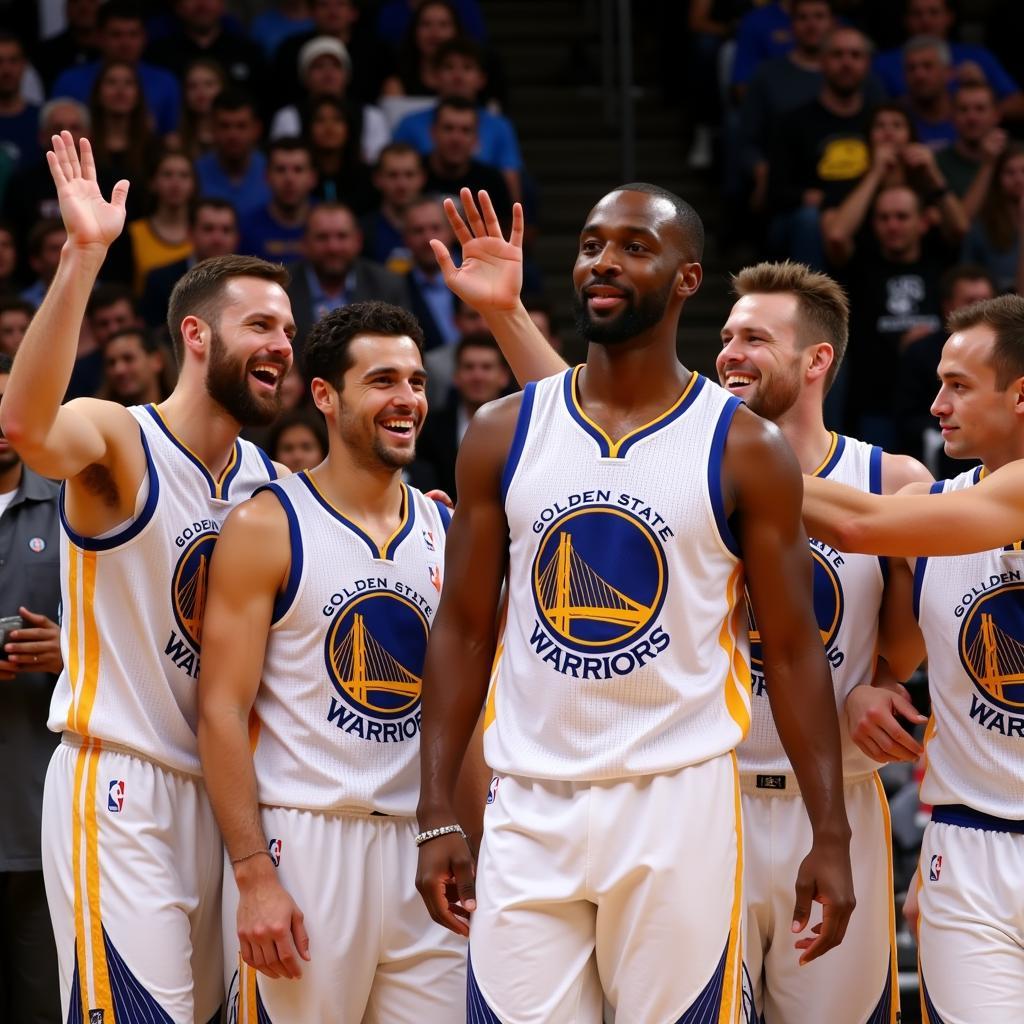 Các cầu thủ Golden State Warriors ăn mừng chiến thắng trong trận đấu thứ 4 giữa Golden State Warriors và Portland Trail Blazers