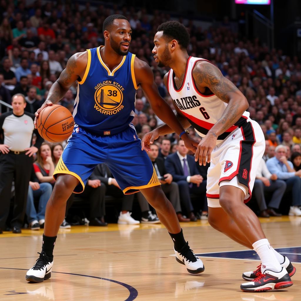 Draymond Green phòng ngự trong trận đấu thứ 4 giữa Golden State Warriors và Portland Trail Blazers